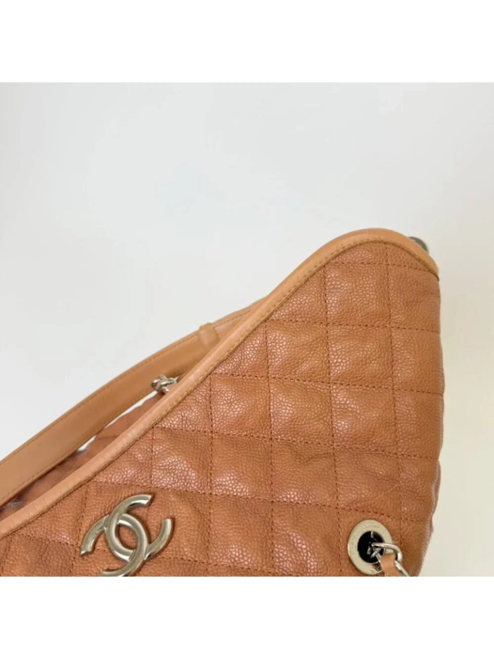 Chanel CC Logo Quilted 2-Way Chain Shoulder Bag Caviar Leather Camel Brown Seal